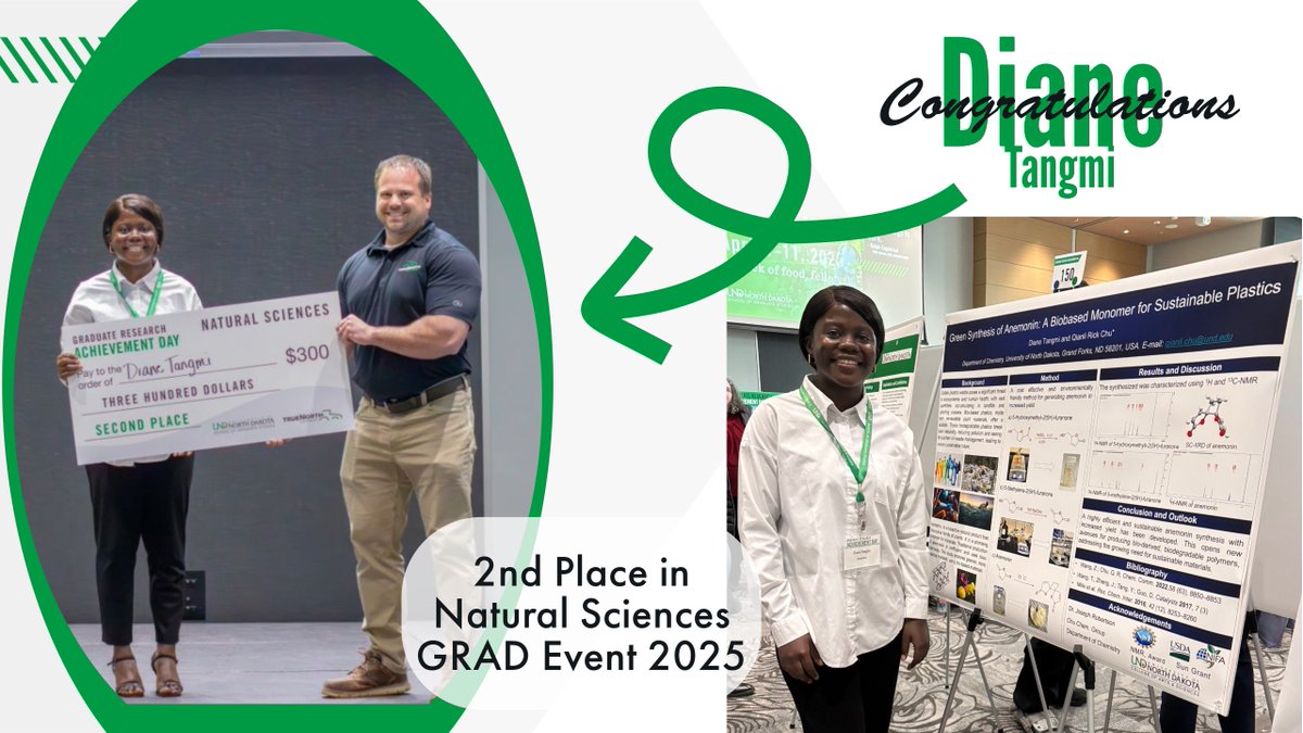 Congratulations to Diane Tangmi and Jude Musongong for their winning presentations at the 2025 Graduate Research Achievement Day! This event is hosted by UND School of Graduate Studies. #UNDProud