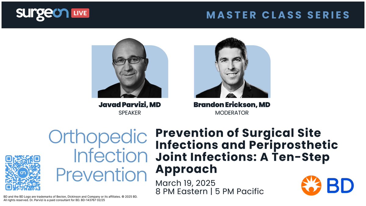 SurgeOn (@surgeonapp1) on Twitter photo Mark your calendar! On March 19 at 8 PM ET, Dr. <a href="/ParviziJavad/">Javad Parvizi MD FRCS</a> will share his ten-step approach to preventing surgical site & periprosthetic joint infections. Moderated by Dr. <a href="/EricksonMDOrtho/">Brandon Erickson</a>—tune in!
Thank you to <a href="/BDandCo/">BD</a> for sponsoring.
Event link: hubs.li/Q039fS5L0 Mark your calendar! On March 19 at 8 PM ET, Dr. <a href="/ParviziJavad/">Javad Parvizi MD FRCS</a> will share his ten-step approach to preventing surgical site & periprosthetic joint infections. Moderated by Dr. <a href="/EricksonMDOrtho/">Brandon Erickson</a>—tune in!
Thank you to <a href="/BDandCo/">BD</a> for sponsoring.
Event link: hubs.li/Q039fS5L0