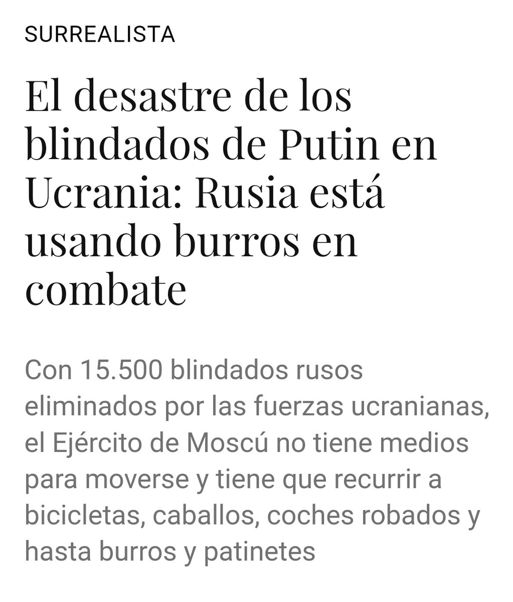 Hace un mes te convencían que Rusia perdía y que iban en burros y, hoy, por arte de magia, ese país conquistará toda Europa si no cedes tu pensión, sueldo, sanidad o hijos a la industria de la guerra. Un mes de diferencia. 
Usa tu cerebro, por favor. Te llevan engañando 4 años