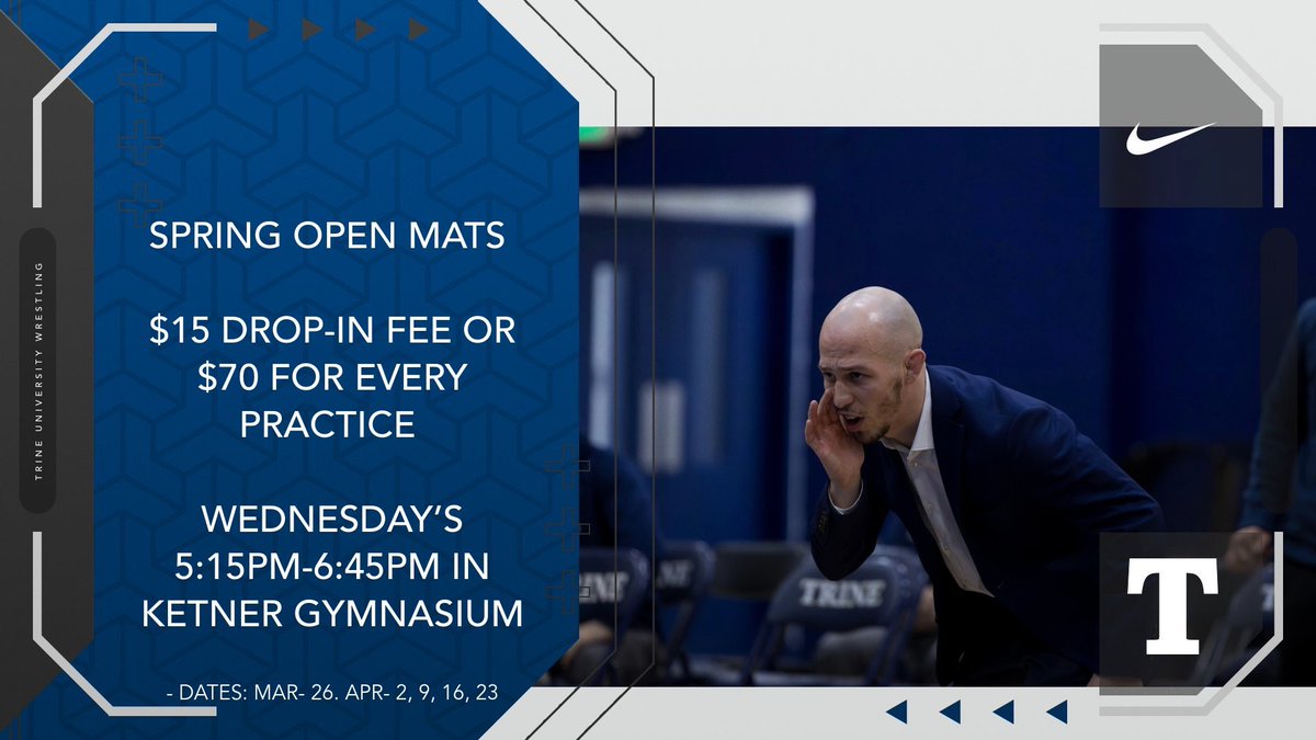 Trine Wrestling (@trinewrestling) on Twitter photo Spring Open Mats coming soon!🌩️
Starting March 26th!
Come get better Wednesdays at 5:15pm!
Contact Coach Stephenson for any questions: stephensonj@trine.edu
#TrineTough Spring Open Mats coming soon!🌩️
Starting March 26th!
Come get better Wednesdays at 5:15pm!
Contact Coach Stephenson for any questions: stephensonj@trine.edu
#TrineTough