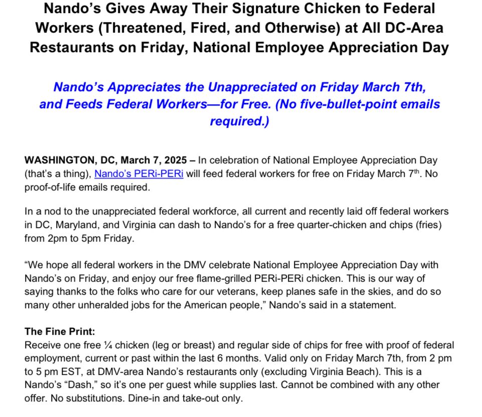 BarredinDC's tweet image. Nice gesture by Nando’s to offer current/recent Federal employees in area a free 1/4 chicken and fries (normally ~$12) this Friday 2-5p