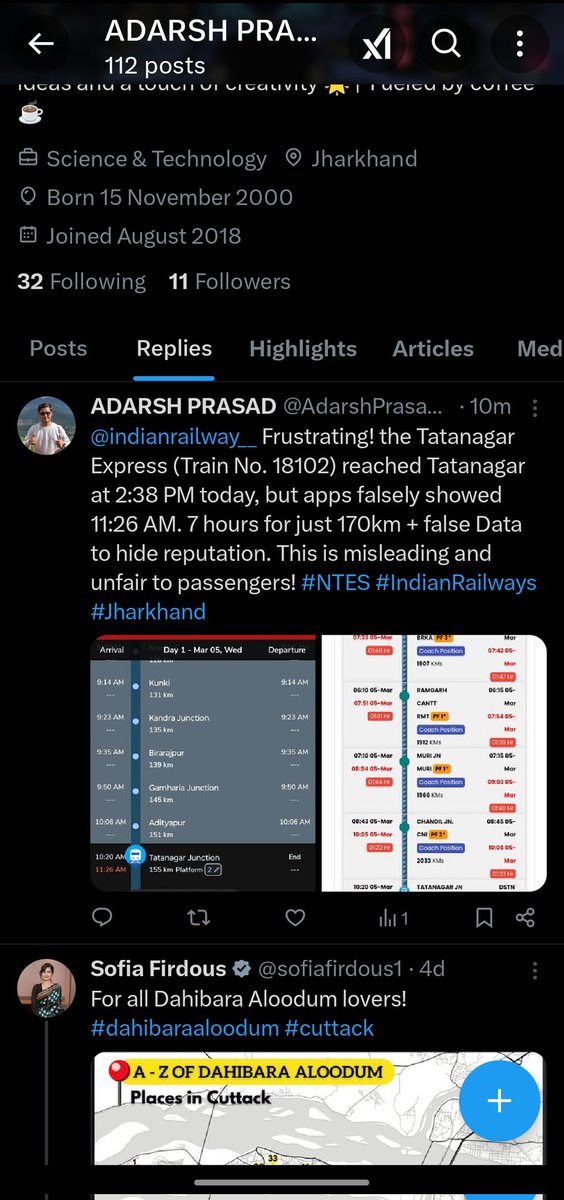 AdarshPrasad__'s tweet photo. @indianrailway__ Frustrating! the Tatanagar Express (Train No. 18102) reached Tatanagar at 2:38 PM today, but apps falsely showed 11:26 AM. 7 hours for just 170km + false Data to hide reputation. This is misleading and unfair to passengers! #NTES #IndianRailways
#Jharkhand https://t.co/5pI8M6s4pt