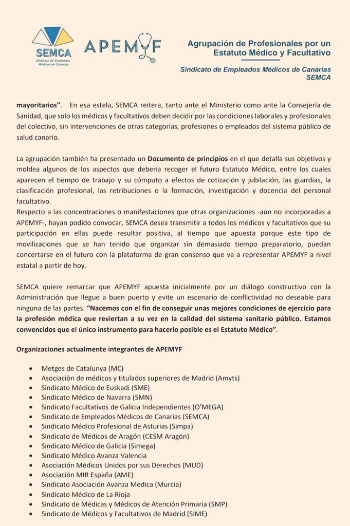 SEMCA es miembro fundacional y constituyente de APEMYF, la Agrupación Profesional por el Estatuto Médico y Facultativo que hoy ha iniciado su andadura -con 16 entidades médicas- presentándose en Barcelona ante los medios de comunicación.

Única consigna:
¡A por nuestro Estatuto!