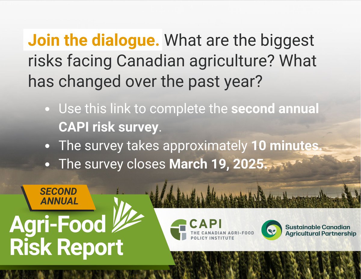 CdnAgriFood's tweet image. 📣 Make your voice heard! Canada’s agriculture sector faces many risks, compounded by recent tariffs. As #CdnAg navigates uncertainty, we invite leaders to take our survey &amp;amp; shape policy discussions: surveys.angusreidforum.com/WebProd/cgi-bi…