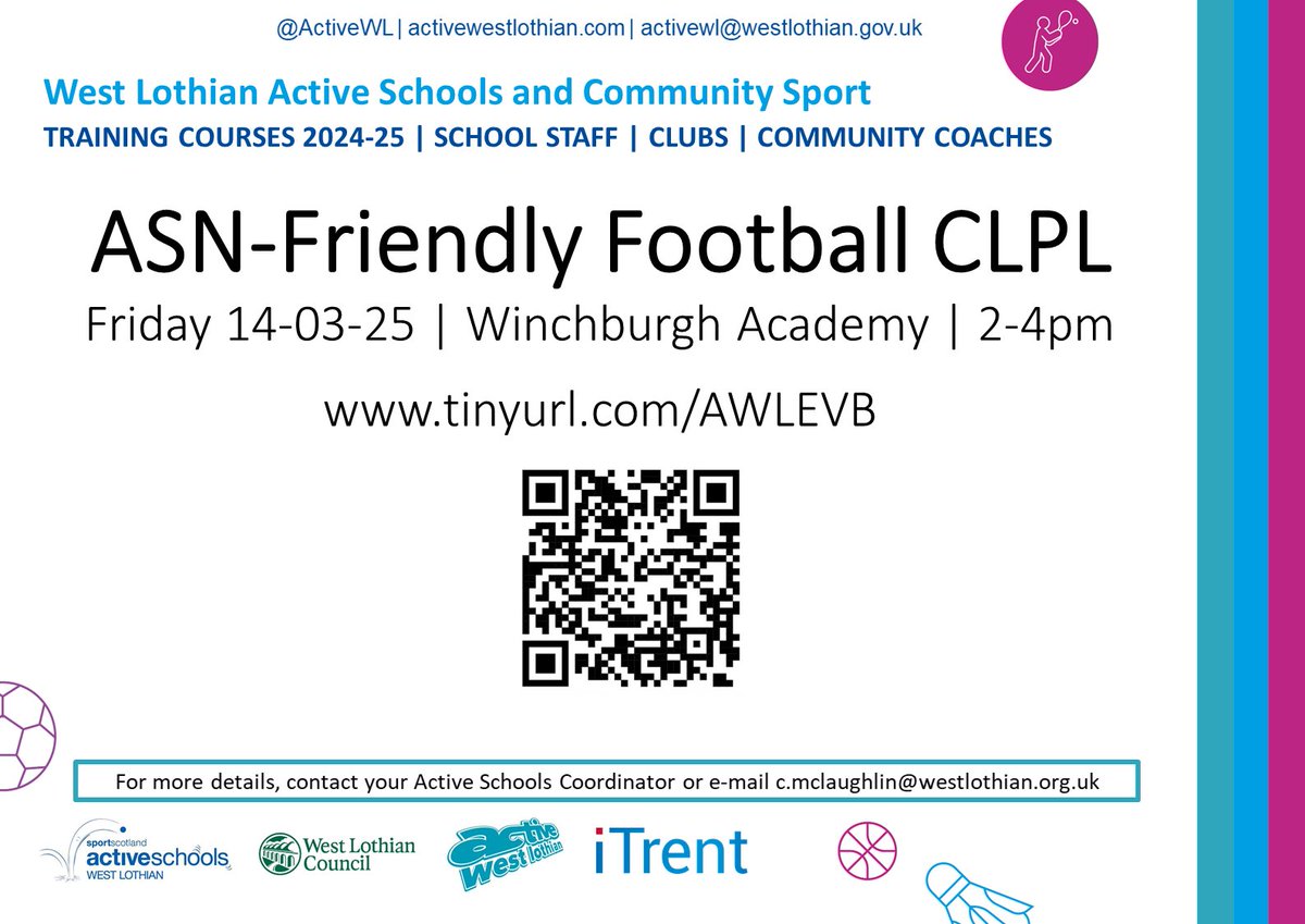 Active West Lothian (@activewl) on Twitter photo CLPL with <a href="/TeamUnitedSco/">Team United</a> ⚽️
Learn about how to deliver ASN-Friendly football, sport and PE at our next Active West Lothian course 👇
Date: Friday 14th March
Venue: Winchburgh Academy Xcite
Time: 2-4pm
Cost: FREE
Book now: tinyurl.com/AWLEVB CLPL with <a href="/TeamUnitedSco/">Team United</a> ⚽️
Learn about how to deliver ASN-Friendly football, sport and PE at our next Active West Lothian course 👇
Date: Friday 14th March
Venue: Winchburgh Academy Xcite
Time: 2-4pm
Cost: FREE
Book now: tinyurl.com/AWLEVB