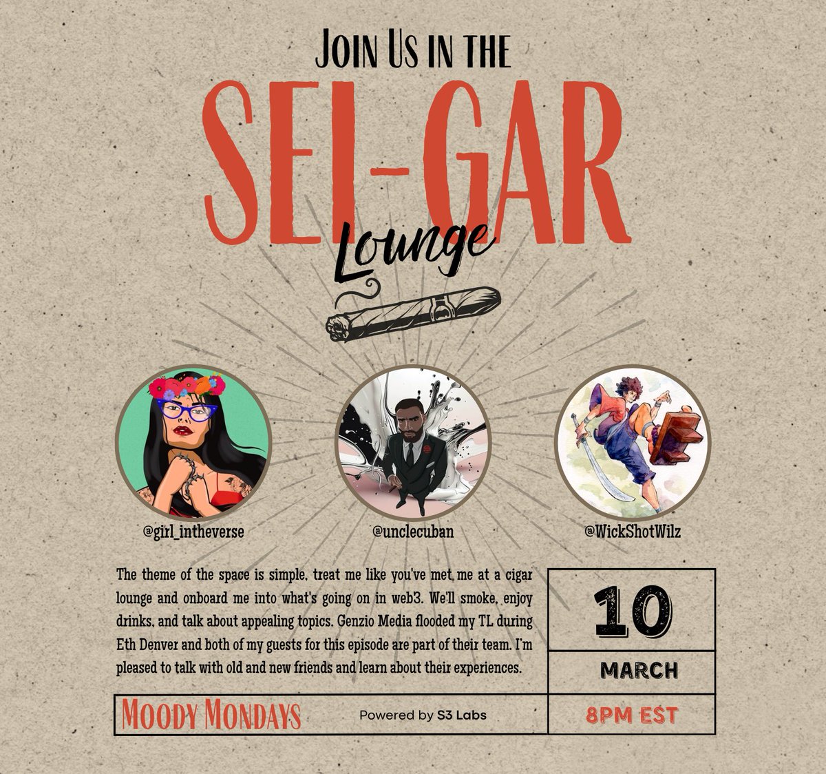 cuban (@unclecuban) on Twitter photo The SEI-GAR Lounge opens its doors to new and old friends. Both my guests are part of <a href="/GenzioCo/">Genzio Media</a> and are both very accomplished in the web3 world. One of them was my first Crypto mentor.
EP.012 guests: <a href="/girl_intheverse/">GIRL in the VERSE | Melina 🎙️</a>, <a href="/WickShotWilz/">Abundant 🎯</a>
I'm excited for this chat. Save the date 👇🏼 The SEI-GAR Lounge opens its doors to new and old friends. Both my guests are part of <a href="/GenzioCo/">Genzio Media</a> and are both very accomplished in the web3 world. One of them was my first Crypto mentor.
EP.012 guests: <a href="/girl_intheverse/">GIRL in the VERSE | Melina 🎙️</a>, <a href="/WickShotWilz/">Abundant 🎯</a>
I'm excited for this chat. Save the date 👇🏼