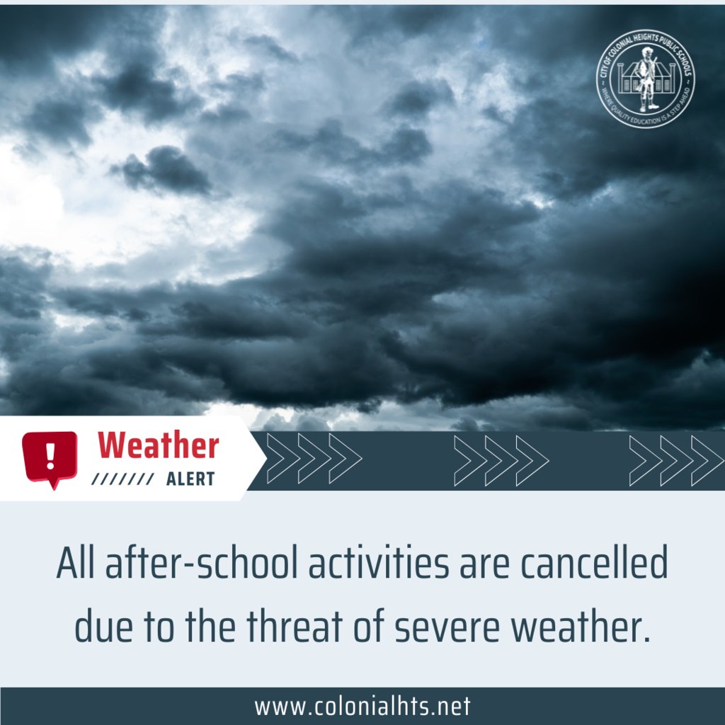 Due to the incoming severe weather threat, all after-school activities, including those for Spring sports, are cancelled for today. We will continue to monitor the weather if further adjustments are needed.