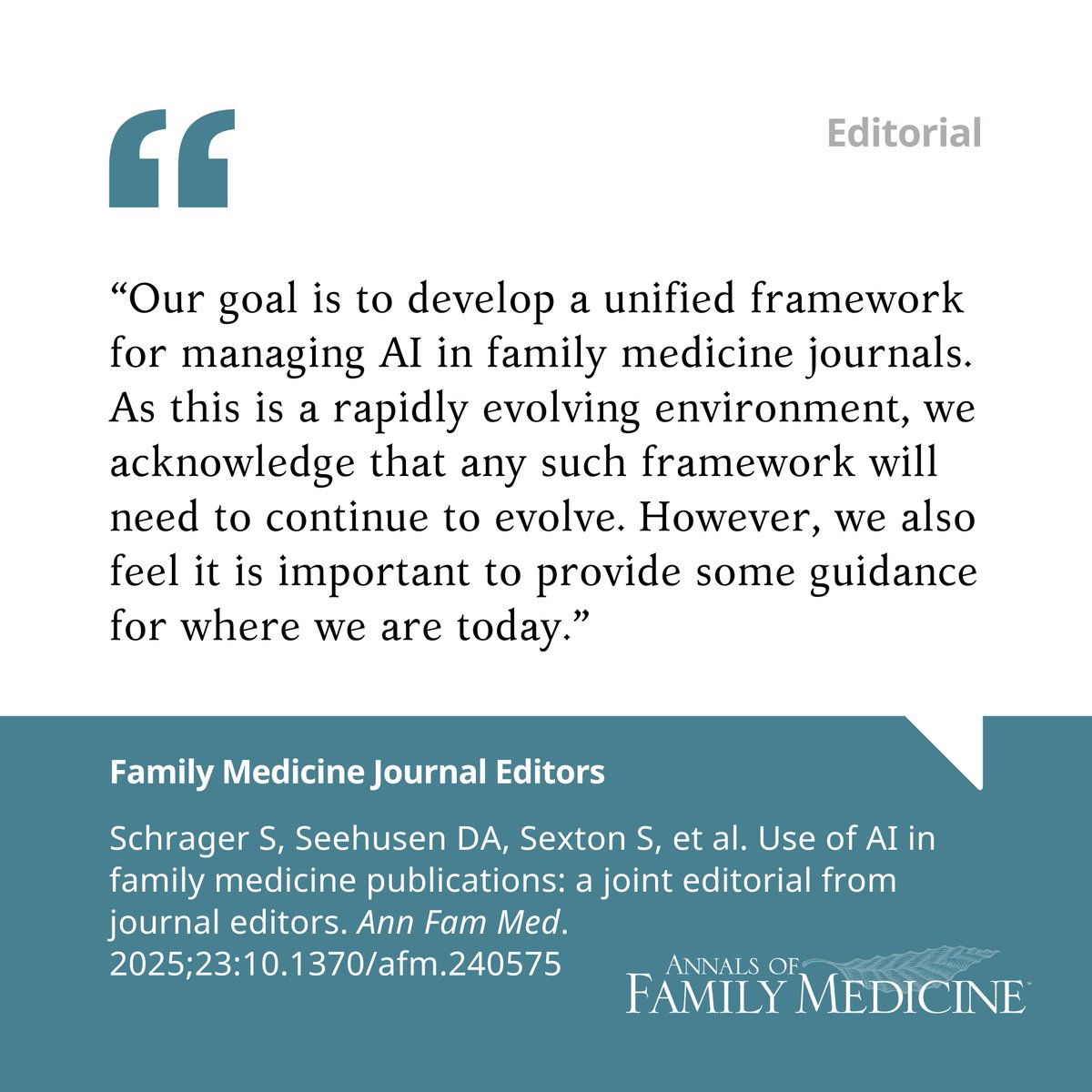 AnnFamMed's tweet photo. This editorial from our most recent issue, written by the editors of family medicine journals provides a unified stance on the use of artificial intelligence (#AI) in family medicine research and publishing. 

Learn more here: 
[ https://t.co/c801vuqIhD ] https://t.co/F9JYBkqY12