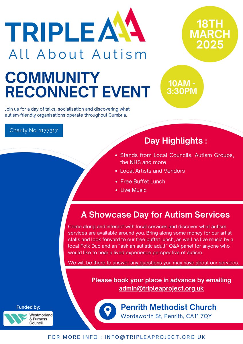 Triple A Project (@tripleaproject) on Twitter photo The autistic community across Cumbria will be coming together in Penrith on Tues 18th March 2025. Triple-A are organising a "Community Reconnect" event, 10:00 - 15:30 (note the updated finish time)
To book a place, email admin@tripleaproject.org.uk Retweets welcomed! The autistic community across Cumbria will be coming together in Penrith on Tues 18th March 2025. Triple-A are organising a "Community Reconnect" event, 10:00 - 15:30 (note the updated finish time)
To book a place, email admin@tripleaproject.org.uk Retweets welcomed!