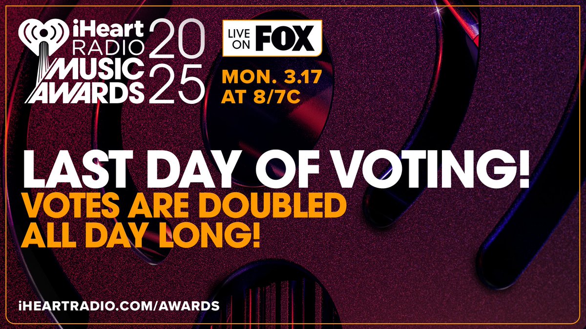 iHeartRadio's tweet image. 🚨 LAST DAY OF #IHEARTAWARDS VOTING!

Votes are doubled all day long: iHeartRadio.com/Awards