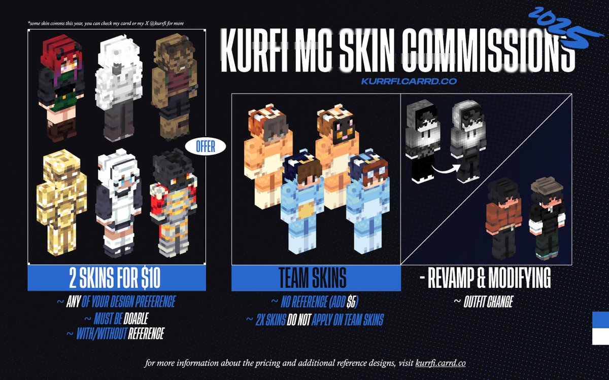 🚨 new 2025 skin commission offer still on going >

! get TWO quality &amp; cheap skins for only $10

kurrfi.carrd.co^
#minecraftskins #mcskins #mcskincommissions