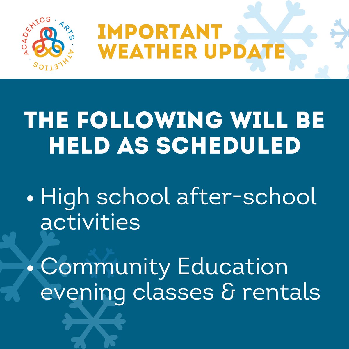 ISD196schools's tweet image. 📢 Although school is closed, we will still hold after-school high school activities and community education evening classes and rentals as scheduled.