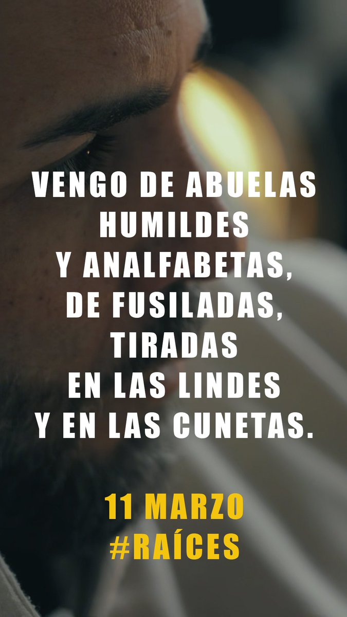 Vengo de abuelas humildes y analfabetas,
de fusiladas, tiradas en las lindes y en las cunetas.

👣 11 MARZO #RAÍCES

No te pierdas el estreno: YouTube.com/ZPU