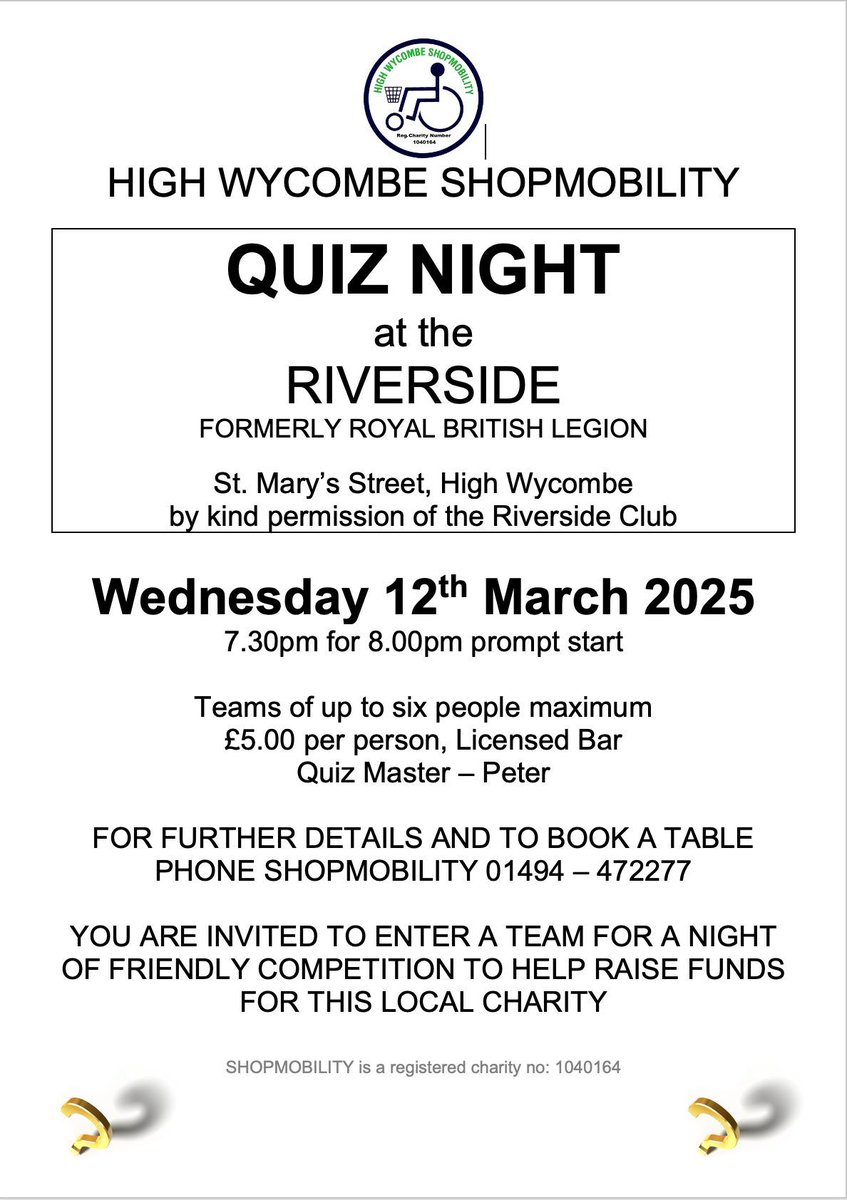 Join us for a quiz night supporting Shopmobility High Wycombe, helping those with mobility challenges. Enjoy fun categories like history and pop culture. Gather your friends, form a team, and make a difference. #quiznight #goodcause #shopmobilityhighwycombe