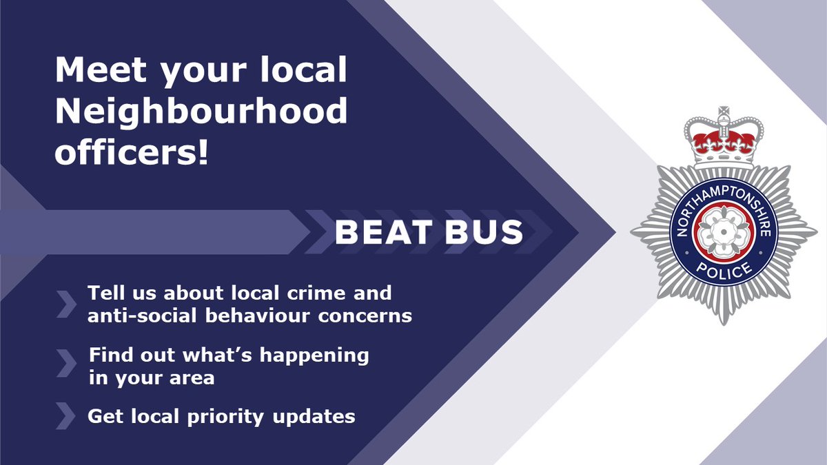 PC682 Bennett  from the local neighbourhood policing team will be holding a community surgery on 
Monday 10th March
1800-1900
B&amp;M Car park, Duck Street, Rushden
We will be on hand to listen to any concerns you have in your local community and to offer crime prevention advice.