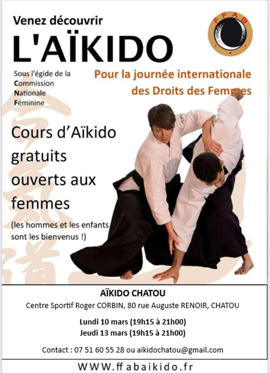 Dans le cadre de la Journée internationale des Droits des Femmes, lundi 10 et jeudi 13 mars seront des journées portes ouvertes. Toutes et tous peuvent venir au cours d'aïkido dans notre club sans certificat médical.
N’hésitez pas à en parler autour de vous!