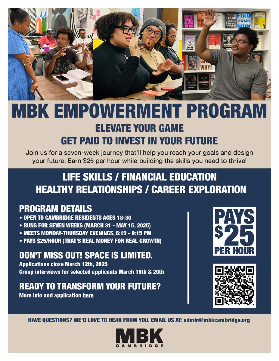 Our friends at <a href="/MBK_Cambridge/">My Brother's Keeper Taskforce</a> are offering a paid career readiness program for young adults, and the application deadline is March 12. Don’t miss this opportunity! 📈

Apply here 👉 mbkcambridge.org/empowerment?fb…