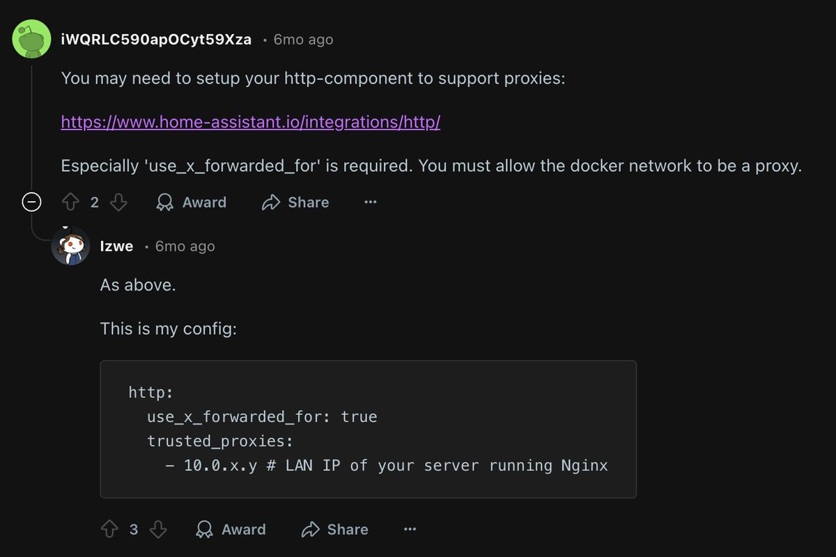 Solo3apien's tweet photo. Home Assistant 如果部署在 reverse proxy 之后的话，需要修改一下 configuration.yaml 才可以正常访问，否则会有 400: Bad Request 报错，怎么修改 configuration.yaml 看这里：https://t.co/A97O4dyDHa

加入截图中设置：
https://t.co/VkLlZHdMUp https://t.co/bkKTLCoWjV