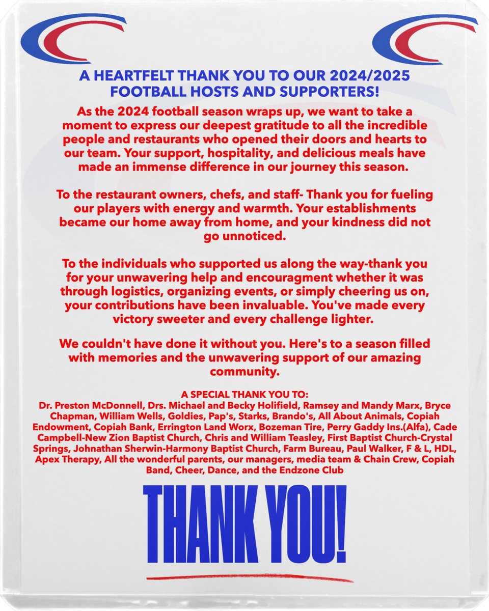 CopiahFootball's tweet photo. As we wrap of the 2024 season, we want to take a minute to extend our gratitude to all of the people who made this season great. Thank you from the bottom of our hearts! We can't wait for next year and look forward to striving for a championship together! 
#NextSeasonLoading... https://t.co/QfcksnypMy