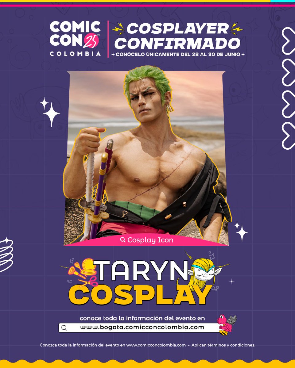 CorferiasBogota's tweet photo. Bienvenido Taryn Cosplay!🇮🇹🙌
#CosplayIcon🦹🏻‍♂️

¡Estamos emocionados de anunciar a #TarynCosplay @taryn_cosplay como nuestro tercer invitado a la Comic-Con 2025! 🙌🌟🎭

Artista, influencer y cosplayer profesional, el talentoso @taryn_cosplay ha dejado huella en la industria del entretenimiento como diseñador de vestuario y modelo profesional. Su trayectoria lo ha llevado a colaborar oficialmente con gigantes del anime y los videojuegos como Crunchyroll, Bandai Namco y HoYoverse, consolidando su lugar entre los grandes del cosplay.

Su pasión lo ha llevado a recorrer el mundo, fortaleciendo la comunidad cosplay y transmitiendo un poderoso mensaje de auto confianza y positivismo. Con una maestría impecable en el diseño de trajes y la creación de props, cada una de sus obras es un testimonio de su dedicación y talento.

📣 Taryn estará del sábado 28 al lunes 30 de junio en la convención.

📣 Su panel será el lunes 30 de junio en el main stage de la Comic-Con.

👉 IMPORTANTE:
• *El Meet & Greet, *las fotos y *los autógrafos con Taryn Cosplay serán exclusivos para quienes adquieran el Full Pass o el Kit de la Comic-Con. No tiene costo adicional; solo debes mostrar tu recibo del #KitComicCon o tu escarapela de #FullPass para acceder a la interacción con Taryn Cosplay.
•*Cupos limitados. Las interacciones se otorgarán por orden de llegada al stand/store de la #ComicCon.
- Se entregarán hasta 200 tickets de interacción por c/u de los tres días que estará Taryn.
- ⁠Adquirir el Full Pass o el Kit de la Comic Con no garantiza la interacción con TarynCosplay. Solo los primeros 200 asistentes que reclamen su Ticket en la Store de Comic Con Colombia podrán acceder a este beneficio. ¡Tenlo muy presente!

¡Llega temprano y asegura tu cupo!

¡No te quedes fuera! Asegura tus entradas en: https://t.co/r9IB2z1I1N

Más información en https://t.co/Yvnn8STHrB | Aplican T&C

#TarynCosplay #Cosplay #AnimeCon #ComicCon #CCC25 #ComicConColombia #GeekTok