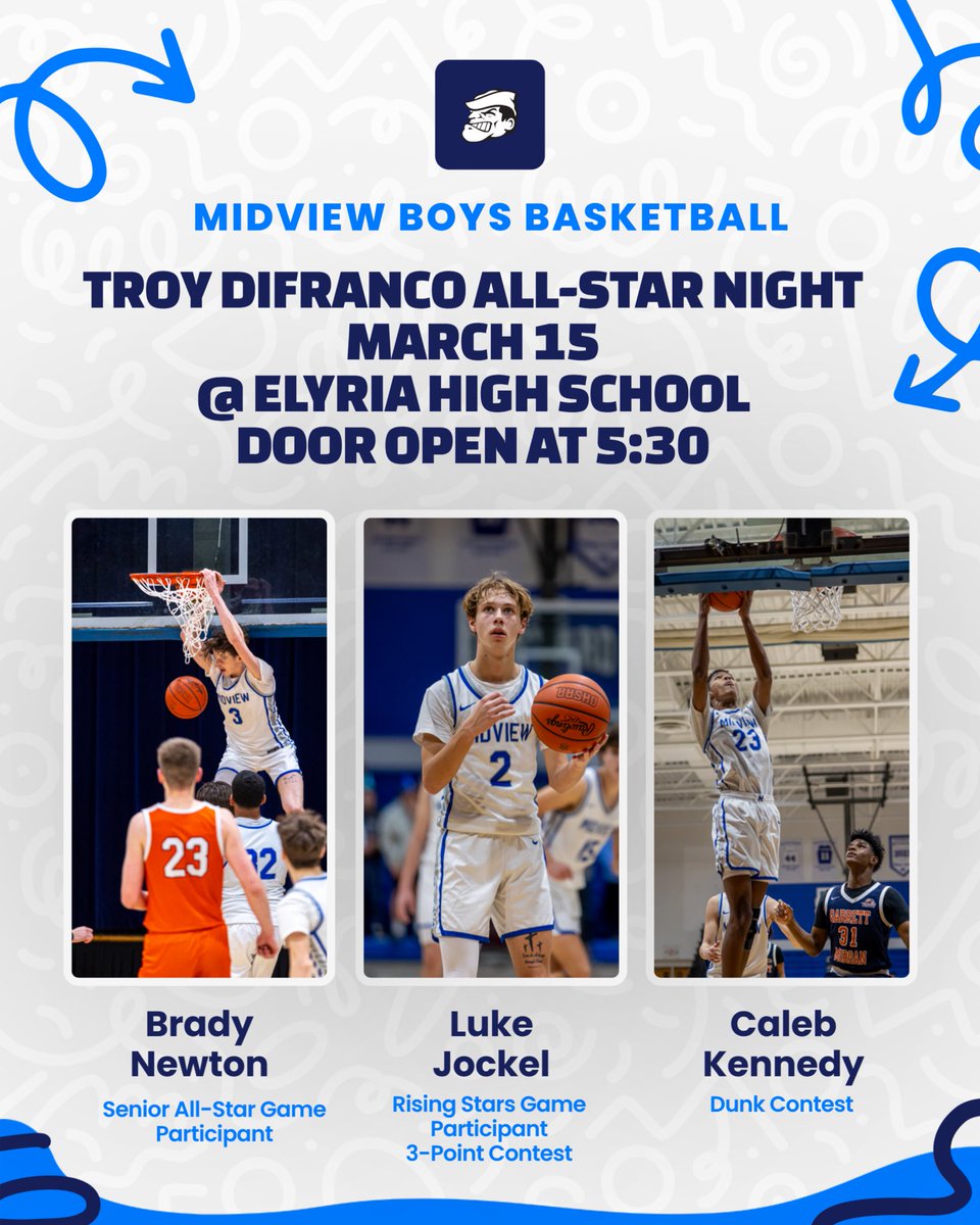 middieboyshoops's tweet image. The Lorain County All Star Night will be on March 15 at Elyria HS. Doors open at 5:30. Brady Newton will be playing in the senior game. Luke Jockel will be in the rising stars game and be a 3-point contest contestant. Caleb Kennedy will be participating in the dunk contest!