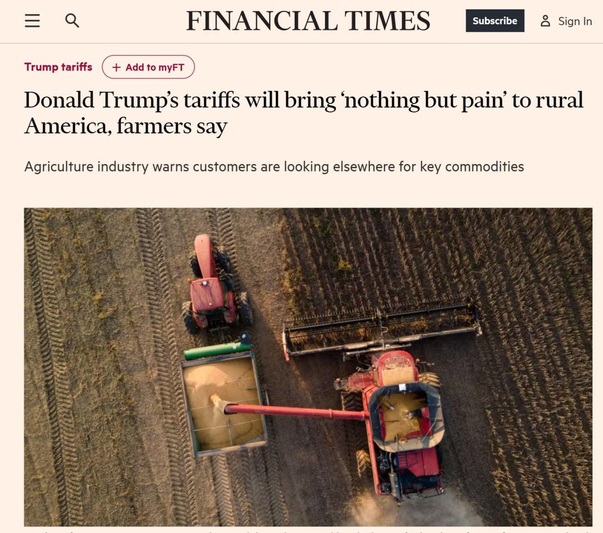 nexta_tv's tweet photo. 🚨Trump’s Tariffs Backfire—Farmers Furious 🚨

American farmers have reacted sharply to Donald Trump’s tariffs on imports from Canada, Mexico, and China, fearing that a trade war could lead to financial losses and higher fertilizer costs, Financial Times reports.

📌 Key concerns:

🔹 Farmers worry about retaliatory measures from affected countries, which could cut off access to crucial export markets.
🔹 Brazil and other nations may step in to replace the U.S. as a key agricultural supplier.
🔹 Rising production costs and falling crop prices are adding pressure to the industry.
Trump, who has traditionally enjoyed strong support from farmers, is now urging them to increase production for domestic markets—but many fear this won’t offset the losses from export restrictions.
