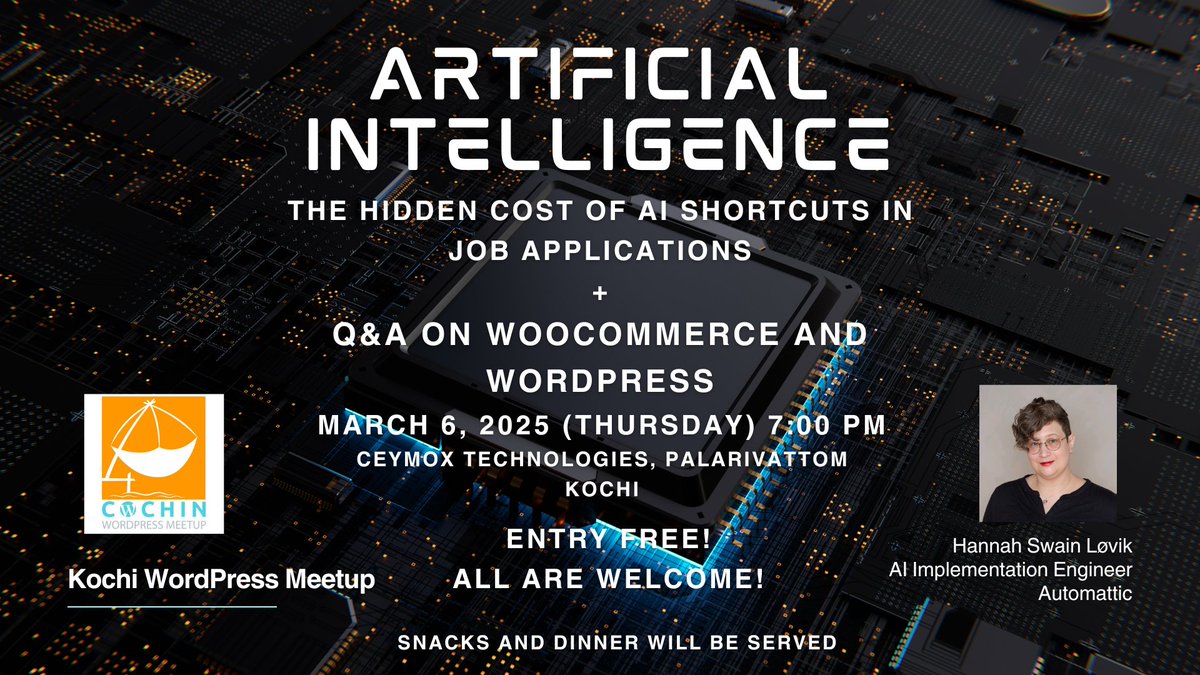 WordPress Kochi (@wpkochi) on Twitter photo 📣 Meetup Announcement: Excited to announce our next in-person meetup on: "The Hidden Cost of AI Shortcuts in Job Applications", followed by an AMA. Presented by <a href="/hannahswaineu/">Hannah Swain Løvik</a> from <a href="/automattic/">Automattic</a>
Join us on Mar 6 2025 7 PM IST @ <a href="/ceymox/">Ceymox</a> Technologies Kochi!
meetup.com/kochi-wordpres… 📣 Meetup Announcement: Excited to announce our next in-person meetup on: "The Hidden Cost of AI Shortcuts in Job Applications", followed by an AMA. Presented by <a href="/hannahswaineu/">Hannah Swain Løvik</a> from <a href="/automattic/">Automattic</a>
Join us on Mar 6 2025 7 PM IST @ <a href="/ceymox/">Ceymox</a> Technologies Kochi!
meetup.com/kochi-wordpres…