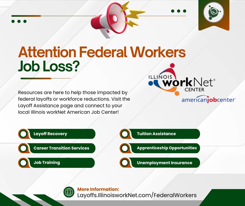 💼Federal Workers Facing Job Loss? Help is Here!📢 
Rapid Response &amp; Dislocated Worker Services offer no-cost reemployment services: Layoffs.IllinoisworkNet.com/FederalWorkers

#ILworkNet #RapidResponse #WIOA | <a href="/IllinoisDCEO/">Illinois DCEO</a> <a href="/IllinoisIDES/">Illinois Department of Employment Security</a> <a href="/ChiCookWORKS/">The Chicago Cook Workforce Partnership</a> <a href="/JobsInfo_EES/">E&ES</a> <a href="/NatAbleNetwrk/">National Able Network</a> <a href="/workNetNCC/">NorthCookJobCenter</a>