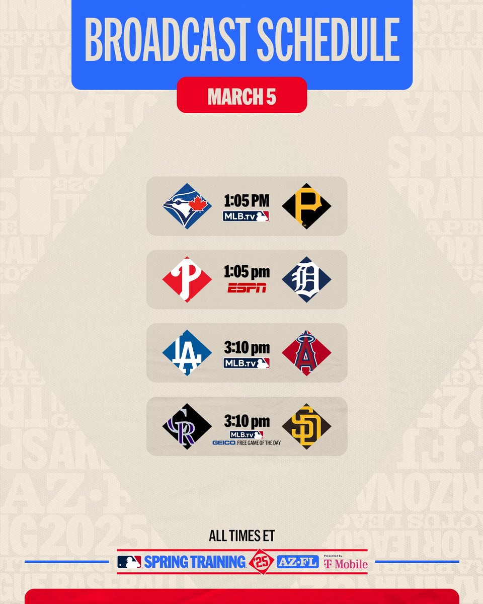 MLB's tweet photo. More #SpringTraining action is coming your way today ⚾️

(MLB x @TMobile) https://t.co/pHDiCJ6N5q