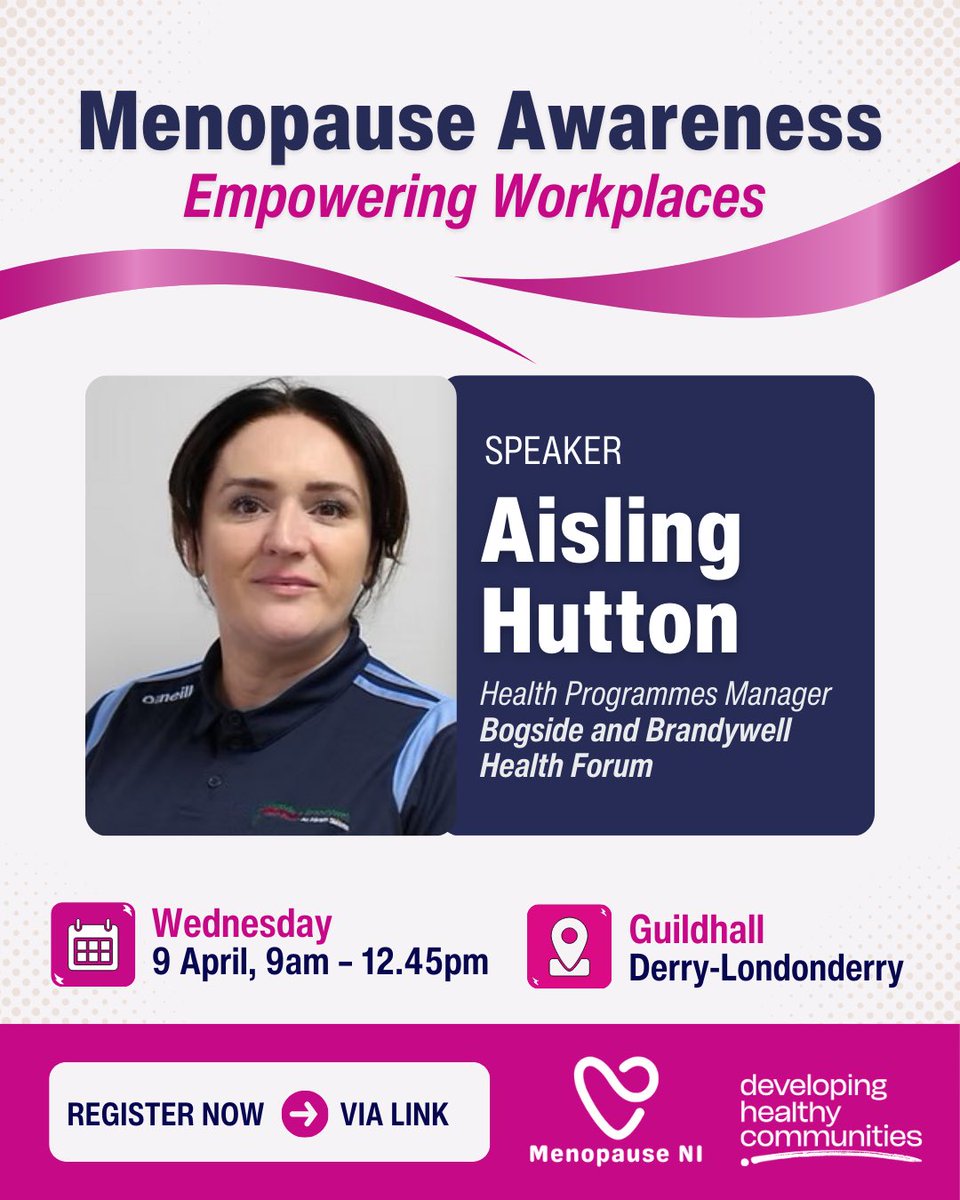 I  am delighted to introduce Aisling Hutton from <a href="/BBHealthForum/">Bogside and Brandywell Health Forum</a> who is speaking at our upcoming conference in Derry. Aisling will discuss the importance of lifestyle changes to support women who are menopausal, &amp; how workplaces can support this.
BOOKING👉🏻eventbrite.co.uk/e/menopause-aw…..