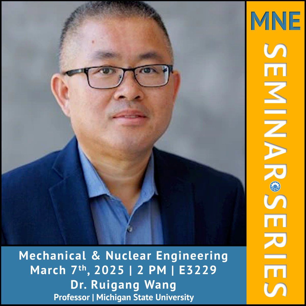 mnevcu's tweet photo. In-person seminar, March 7th, 2:00 pm. Our guest speaker is Dr. Ruigang Wang, a professor from Michigan State University. MNE weekly seminars are presented in room E3229, Fridays at 2:00 pm.

#vcuengineering #mechanicalengineering #nuclearengineering https://t.co/QwZYKYtt0e