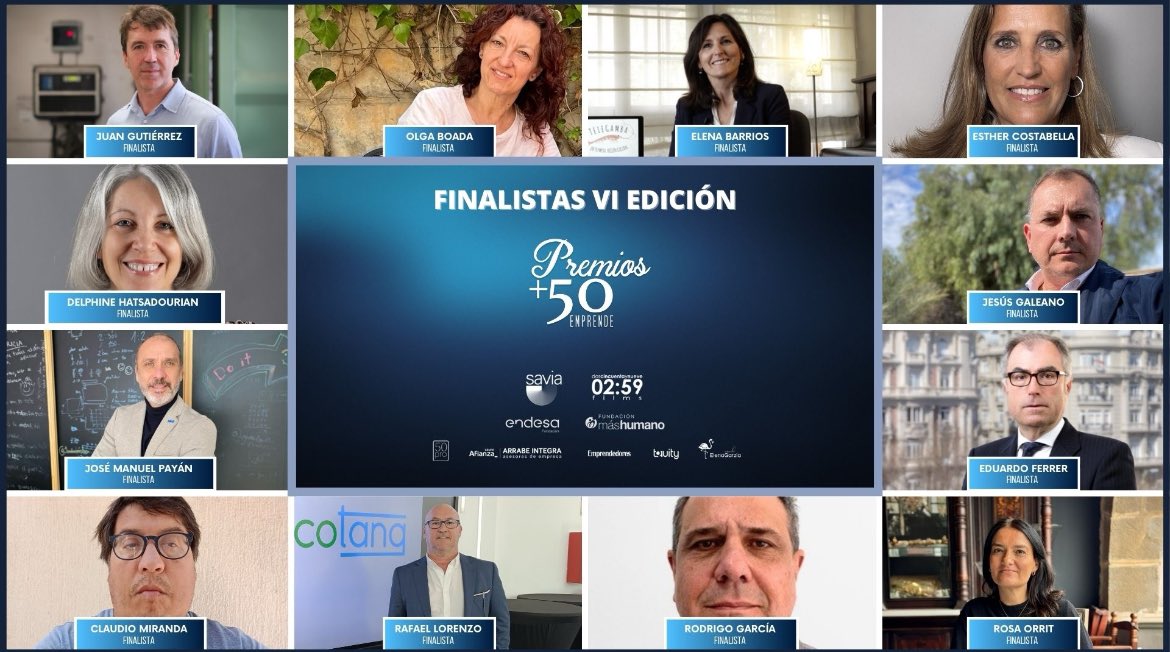 F E L I C I D A D E S 💙 💙 💙 💙 💙 💙  

¡Final: 13 marzo!

Premios impulsados por <a href="/GeneracionSavia/">Generación SAVIA</a> (proyecto de <a href="/FundacionEndesa/">Fundación Endesa</a> y <a href="/Fundmashumano/">Fundacion máshumano</a>) y por la productora <a href="/0259Films/">02:59 Films</a> 

Colaboran <a href="/50pro_/">50Pro Emprendimiento Senior</a> / <a href="/ArrabeIntegra/">Arrabe Integra</a> / <a href="/Emprendedores/">Emprendedores</a> / <a href="/techforequity/">tQuity</a> / Elena Garzia 

#50emprende