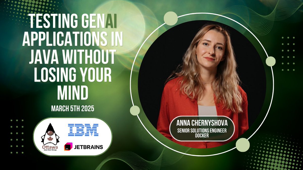 Ottawa Java User Group (@realottawajug) on Twitter photo Our event featuring <a href="/AnnaChe_/">Anna Chernysheva</a> is today at 6 PM π
Still time to RSVP π
meetup.com/ottawa-java-usβ¦
<a href="/Docker/">Docker</a> <a href="/testcontainers/">Testcontainers</a> <a href="/langchain4j/">LangChain4j</a> Our event featuring <a href="/AnnaChe_/">Anna Chernysheva</a> is today at 6 PM π
Still time to RSVP π
meetup.com/ottawa-java-usβ¦
<a href="/Docker/">Docker</a> <a href="/testcontainers/">Testcontainers</a> <a href="/langchain4j/">LangChain4j</a>