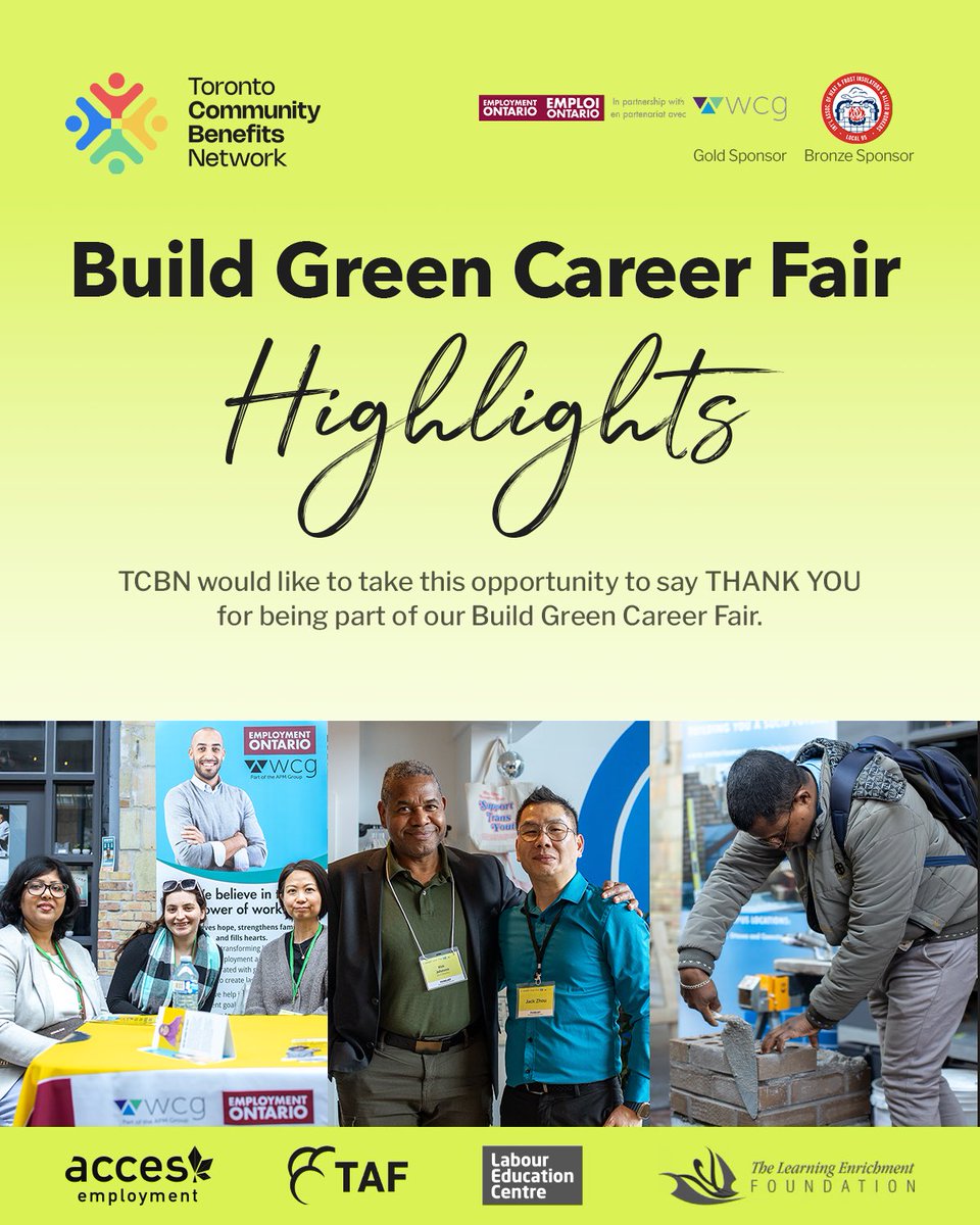 TCBN would like to thank everyone who participated in the #BuildGreenCareerFair

Thank you <a href="/ACCESEmployment/">ACCES Employment</a> , <a href="/AtmosphericFund/">The Atmospheric Fund</a> , <a href="/LabourEduCentre/">Labour Education Centre</a> , <a href="/LEF_TO/">The Learning Enrichment Foundation</a> , @WCGServices , and <a href="/insulatorslocal/">Insulators Local 95</a> 

Please take this survey: communitybenefits.ca/bgcf_survey_20…

#communitybenefits