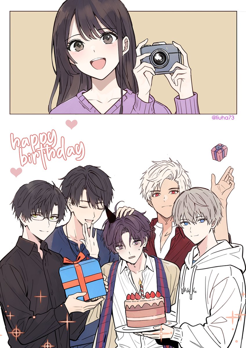 liuha73's tweet image. Maybe in another universe, they're all friends celebrating Rafayel's birthday today. Happy birthday!!!!!!!  🐟😊🎊🎊

#ホムラ誕生日おめでとう