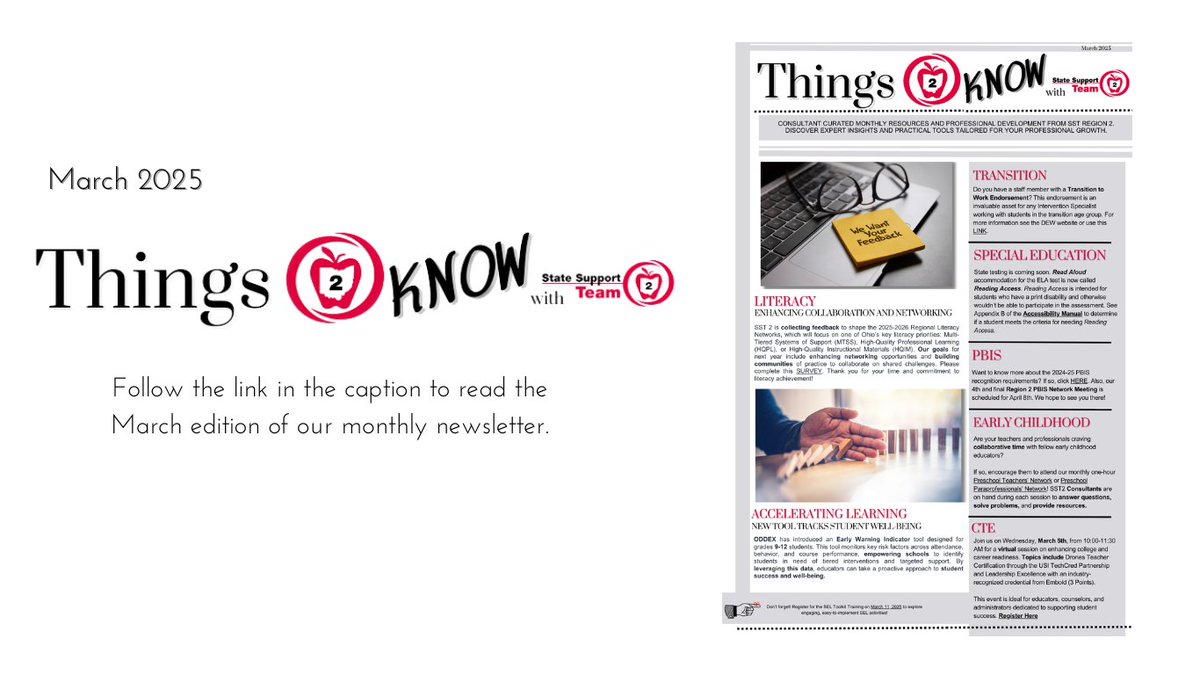 As spring unfolds, so does the busy season of state assessments. We hope this edition of Things 2 Know provides insights and resources as you prepare. Explore upcoming professional learning opportunities and stay informed on the latest trends in education!
drive.google.com/file/d/1h-kG3V…