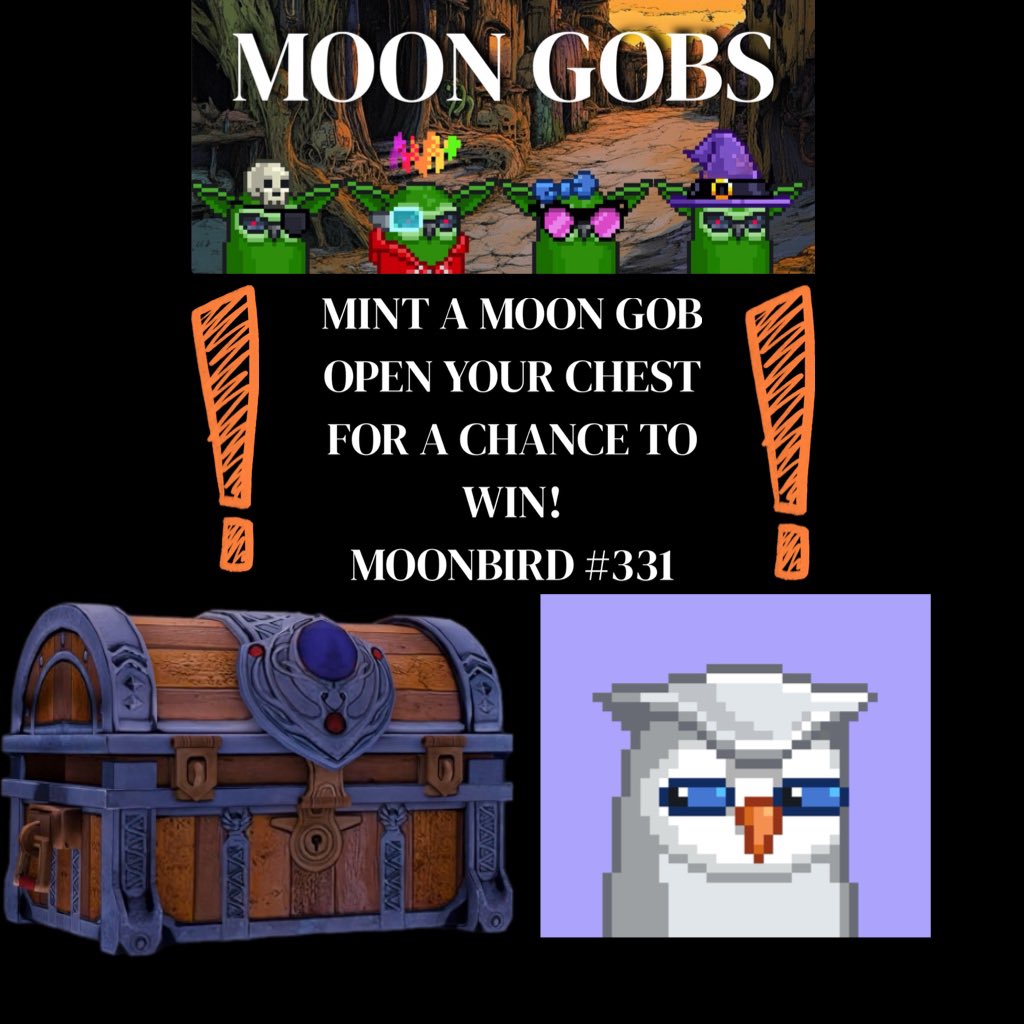 So many prizes! The chest is one of the coolest features I’ve seen in the space thanks to <a href="/AIOW_io/">AIOW</a> launchpad. 
<a href="/moonbirds/">Moonbirds</a> @SpunkyAIOW <a href="/apechainalpha/">ALPHA BANANAS - By James 🍌& Geist 👻</a> <a href="/cockpunch/">CØCKPUNCH ™</a> @GoodVibesssClub <a href="/_JKNFT_/">JK</a> <a href="/Sloooths/">Sloooths</a> <a href="/MaisonDeGOAT/">GOATz 🐐🥛</a> <a href="/MBmemecoin/">$MOON Coin</a> <a href="/MullsOnApe/">MullsOnApe (MullsOnChain)</a> and more! 
w3lp.io/mint/moongobs