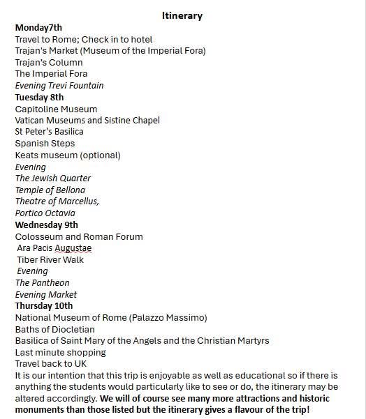 Itinerary for April's 6th form #Classics trip to #Rome 🥰 all sorted 🇮🇹 Plenty to keep them busy between eating pizza, pasta and gelato 😊