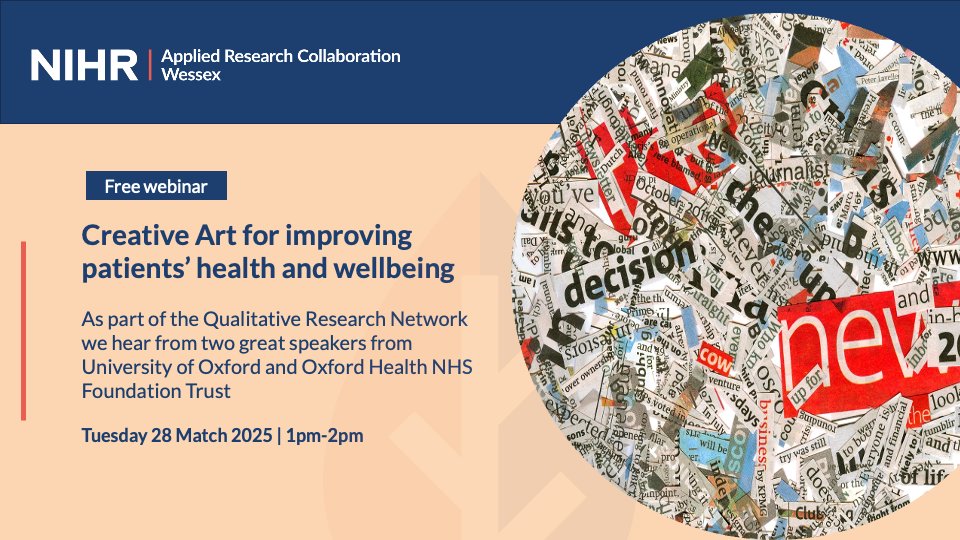 NIHR Applied Research Collaboration Wessex (@arc_wessex) on Twitter photo As part of the Qualitative Research Network we hear from two great speakers from University of Oxford and Oxford Health NHS Foundation Trust - talking about how self expression and creativity support health and wellbeing arc-wx.nihr.ac.uk/event-details/…
<a href="/NIHRARCs/">NIHR Applied Research Collaborations (ARCs)</a> <a href="/OxfordHealthNHS/">Oxford Health NHS FT</a> As part of the Qualitative Research Network we hear from two great speakers from University of Oxford and Oxford Health NHS Foundation Trust - talking about how self expression and creativity support health and wellbeing arc-wx.nihr.ac.uk/event-details/…
<a href="/NIHRARCs/">NIHR Applied Research Collaborations (ARCs)</a> <a href="/OxfordHealthNHS/">Oxford Health NHS FT</a>