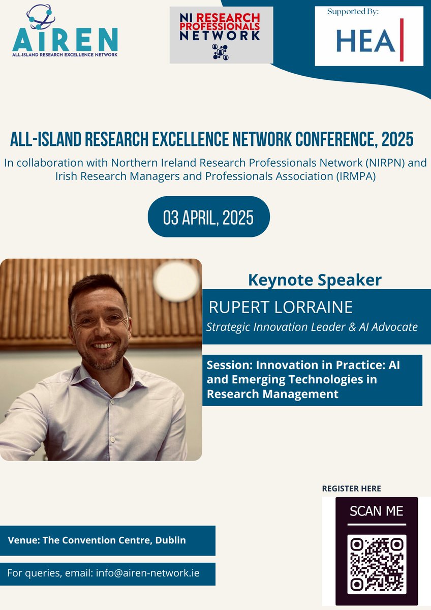 AirenNetwork's tweet image. 🚀 Join us on April 3rd for AIREN Conference keynote by Rupert Lorraine on AI in Research Management! More details on other speakers coming soon. Stay tuned!

#AIRENConference #ResponsibleAI