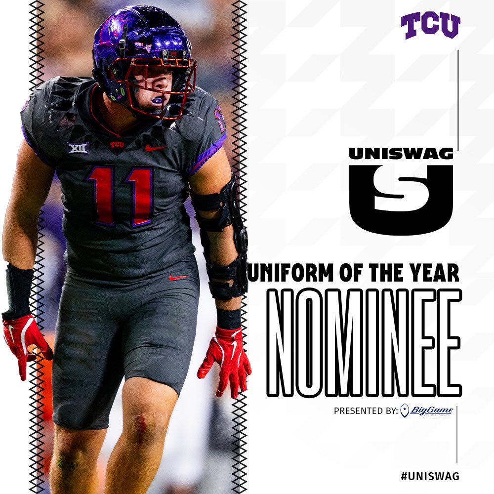 UNISWAG (@uniswag) on Twitter photo UNISWAG Uniform of the Year Nominee presented by <a href="/BigGameUSA/">Big Game USA</a>
<a href="/TCUFootball/">TCU Football</a> is up for the best uniform of the 2024 College Football season!
Click here to vote: bit.ly/2sHF6u9
#uniswag UNISWAG Uniform of the Year Nominee presented by <a href="/BigGameUSA/">Big Game USA</a>
<a href="/TCUFootball/">TCU Football</a> is up for the best uniform of the 2024 College Football season!
Click here to vote: bit.ly/2sHF6u9
#uniswag