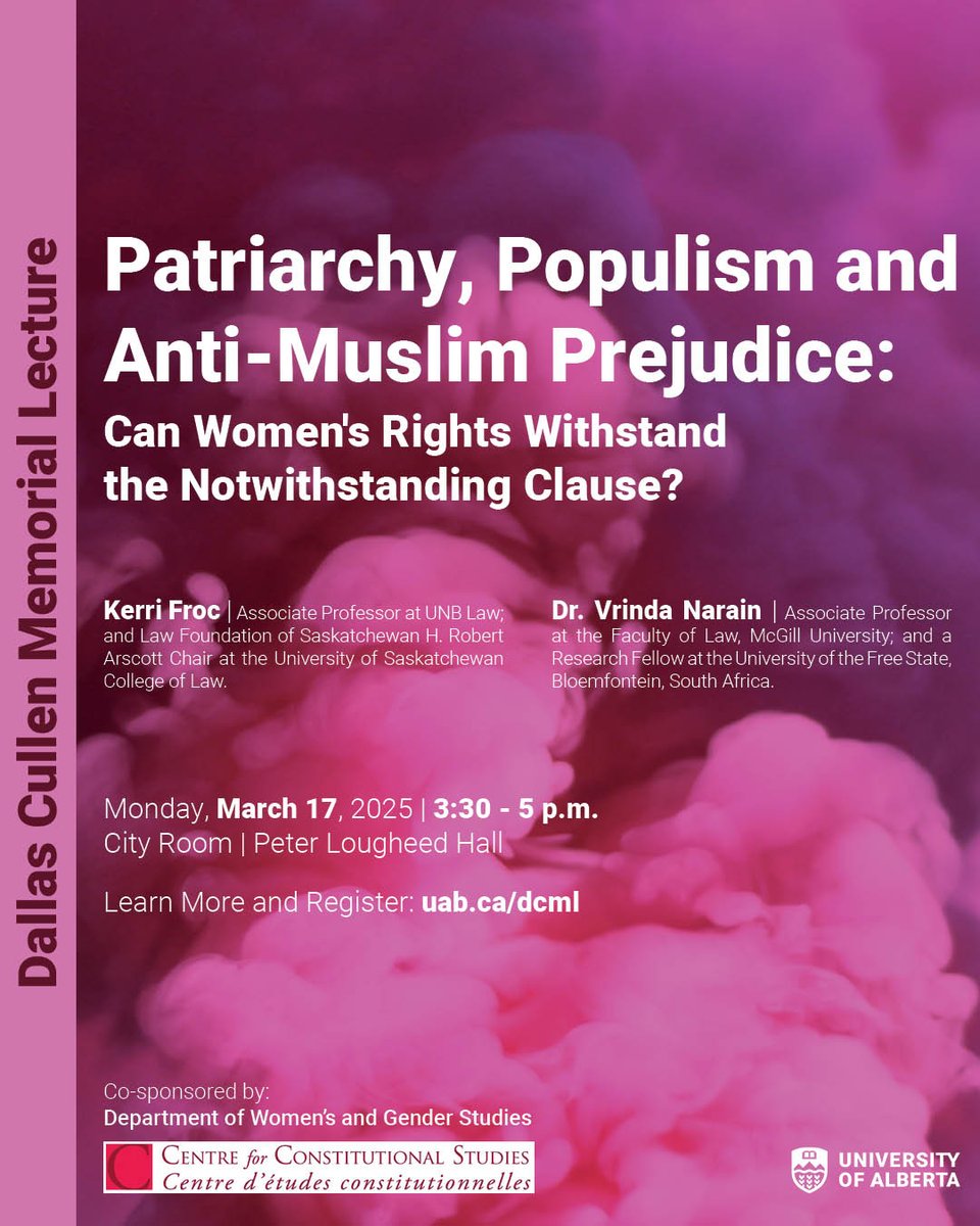 A quick reminder that we'll be co-sponsoring talks by Kerri Froc and Vrinda Narain on Quebec's secularism law (Bill 21), which is currently being challenged at the SCC. Go here to register (in person attendance only): eventbrite.com/e/patriarchy-p…