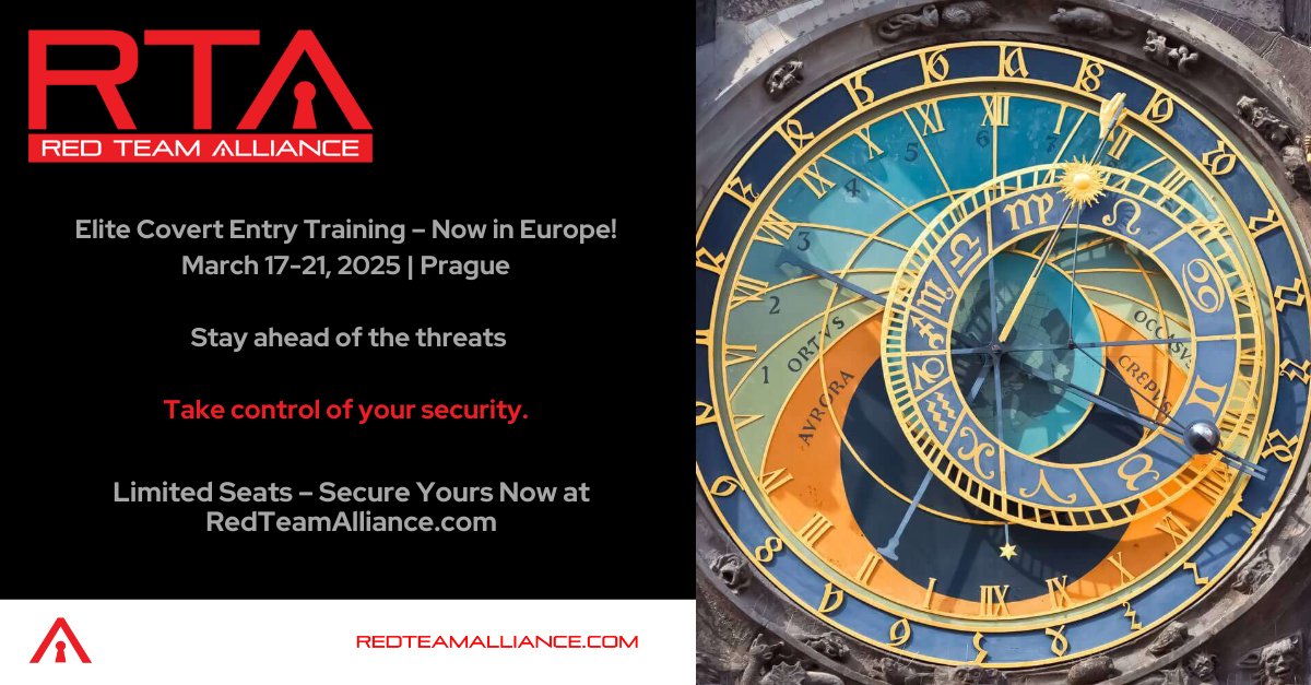 🚨 Exclusive Covert Entry Training – Europe! 🚨

Join us in Prague, March 17-21, 2025, for the first European-focused Covert Entry training. Learn advanced techniques from top experts to sharpen your skills and boost your business security.

 #CMOE #CovertMethodsofEntry #RTA
