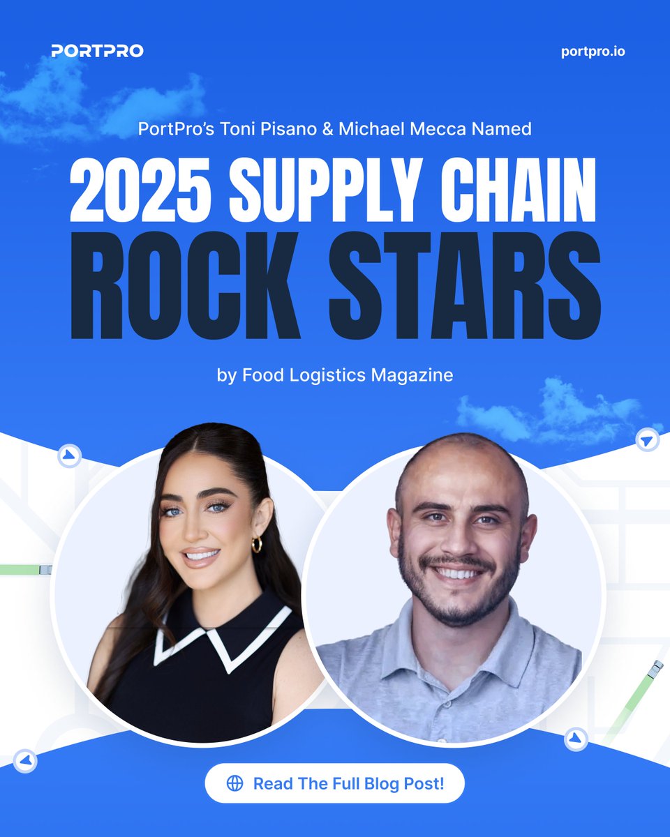 PortProtms's tweet image. 🎉 PortPro is proud to announce that Michael Mecca, Founder &amp;amp; CEO, and Toni Pisano, Chief Customer Officer &amp;amp; Board Member, have been recognized as 2025 Supply Chain Rock Stars by Food Logistics Magazine! 🌟 Michael Mecca has been named a Top Transportation Professional, while…