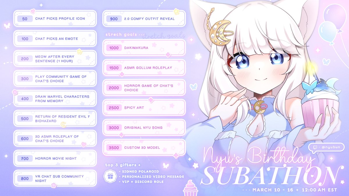 🌸 Nyu's Birthday Celebration 🌙

Date: March 10-16

Come celebrate with community games, collabs, and a song cover premiere! 🤍