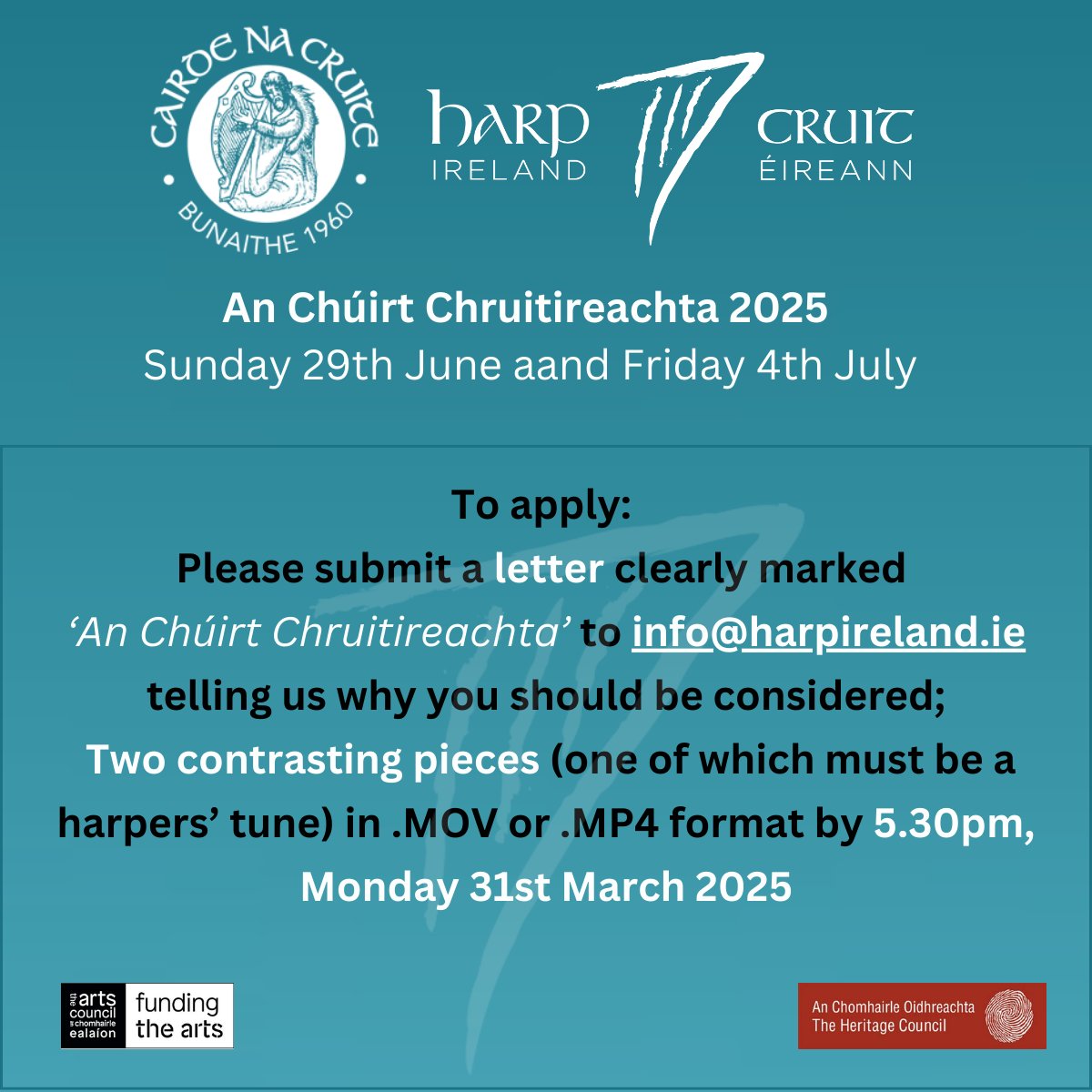 Harp Ireland (@cruiteireann) on Twitter photo Summer Harp Opportunities!🎶
Deadline Monday 31st Mar
Check out this amazing range of harper opportunities this summer,.
Find out more info: harpireland.ie/summer-harp-op…
#irishharp #harp #summerharping #musicfestival #harpteacher #musicteacher
<a href="/ss_willieclancy/">SSWillieClancy</a> <a href="/CCIHF/">Cairde na Cruite</a> <a href="/AibhlinHarp/">Aibhlin McCrann</a> Summer Harp Opportunities!🎶
Deadline Monday 31st Mar
Check out this amazing range of harper opportunities this summer,.
Find out more info: harpireland.ie/summer-harp-op…
#irishharp #harp #summerharping #musicfestival #harpteacher #musicteacher
<a href="/ss_willieclancy/">SSWillieClancy</a> <a href="/CCIHF/">Cairde na Cruite</a> <a href="/AibhlinHarp/">Aibhlin McCrann</a>