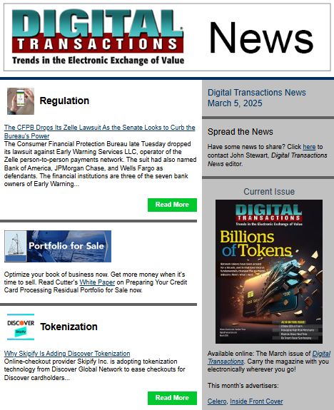 DTPaymentNews's tweet photo. Today's Digital Transactions News: CFPB Drops Zelle Lawsuit; Skipify’s Discover Token Plans; FedNow Limit Bumped to $1 Million
Click to read: https://t.co/GOdtk8pJj7
#payments #CFPB #Zelle #BofA #Chase #WellsFargo #P2Ppayments #Discover #tokenization #Skipify #FedNow #RTP https://t.co/efeJUF1Y9C