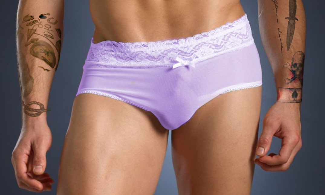"Just as he moves to step forward, Louis shifts on the couch, the hem of his shirt riding up. 
The hem of his shirt is riding up, revealing a sliver of lavender lace. Harry is pretty sure his heart skips a beat"

archiveofourown.org/works/30143625