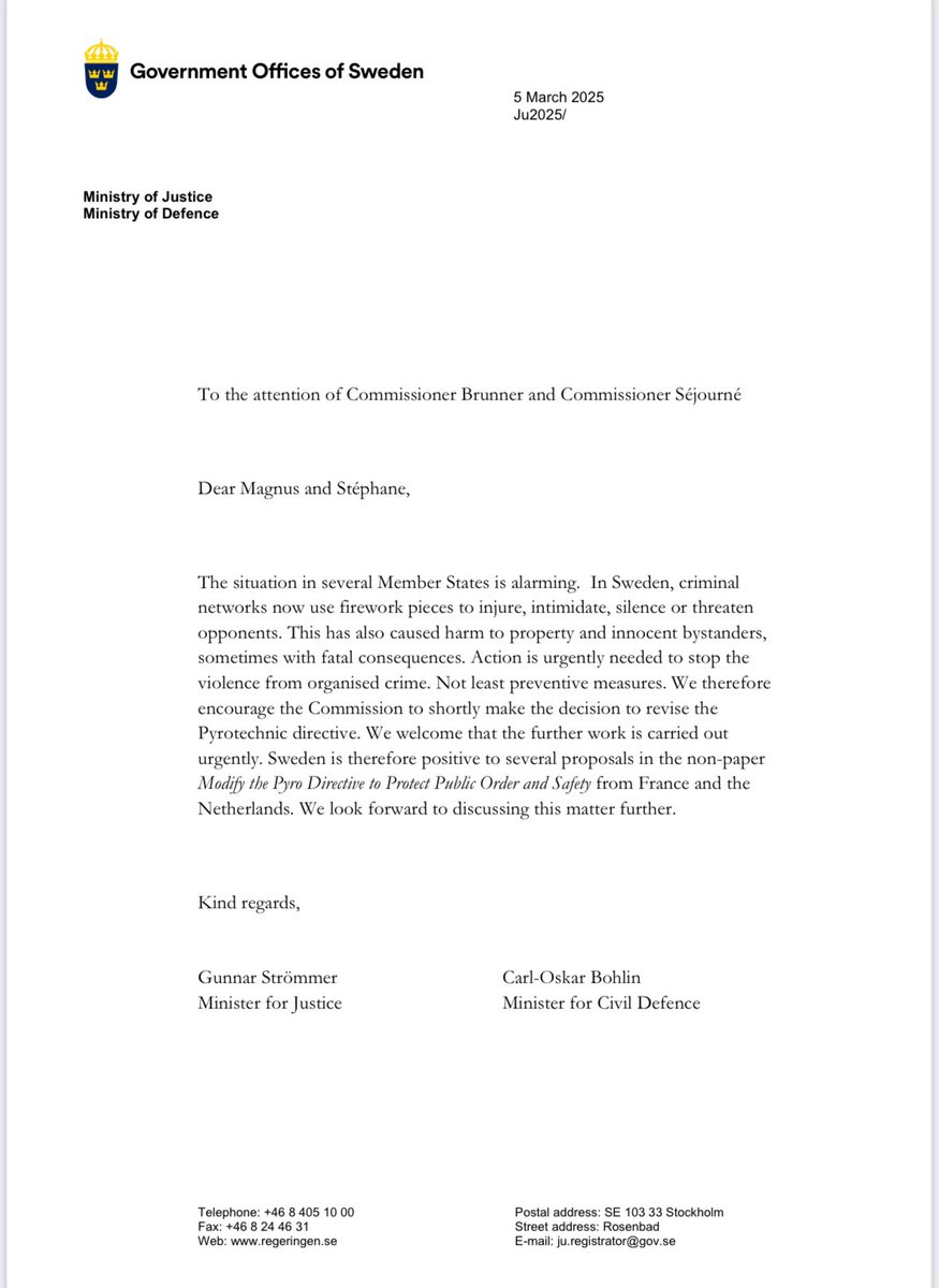 Sweden in EU (@swedenineu) on Twitter photo Joint letter to the EU Commission from Minister for Justice Gunnar Strömmer and Minister for Civil Defence <a href="/CarlOskar/">Carl-Oskar Bohlin</a> on the need to revise EU legislation on pyrotechnics. 👇 Joint letter to the EU Commission from Minister for Justice Gunnar Strömmer and Minister for Civil Defence <a href="/CarlOskar/">Carl-Oskar Bohlin</a> on the need to revise EU legislation on pyrotechnics. 👇