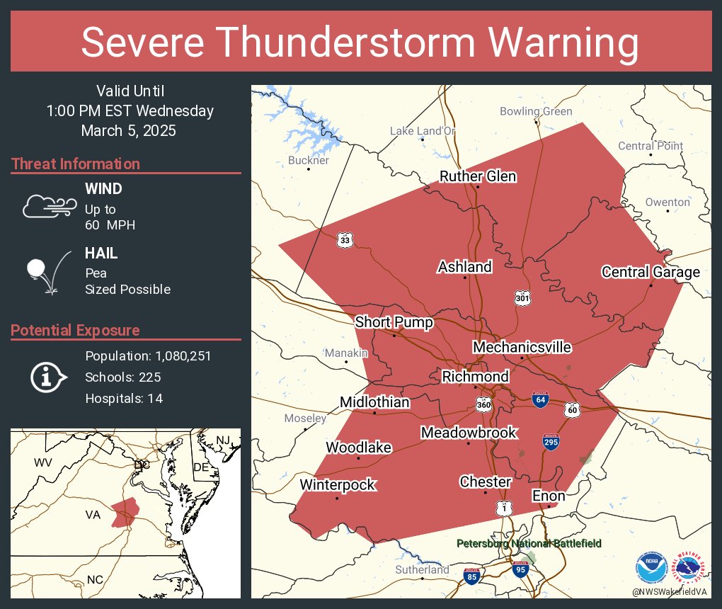 Severe Thunderstorm Warning including Richmond VA, Tuckahoe VA and  Mechanicsville VA until 1:00 PM EST